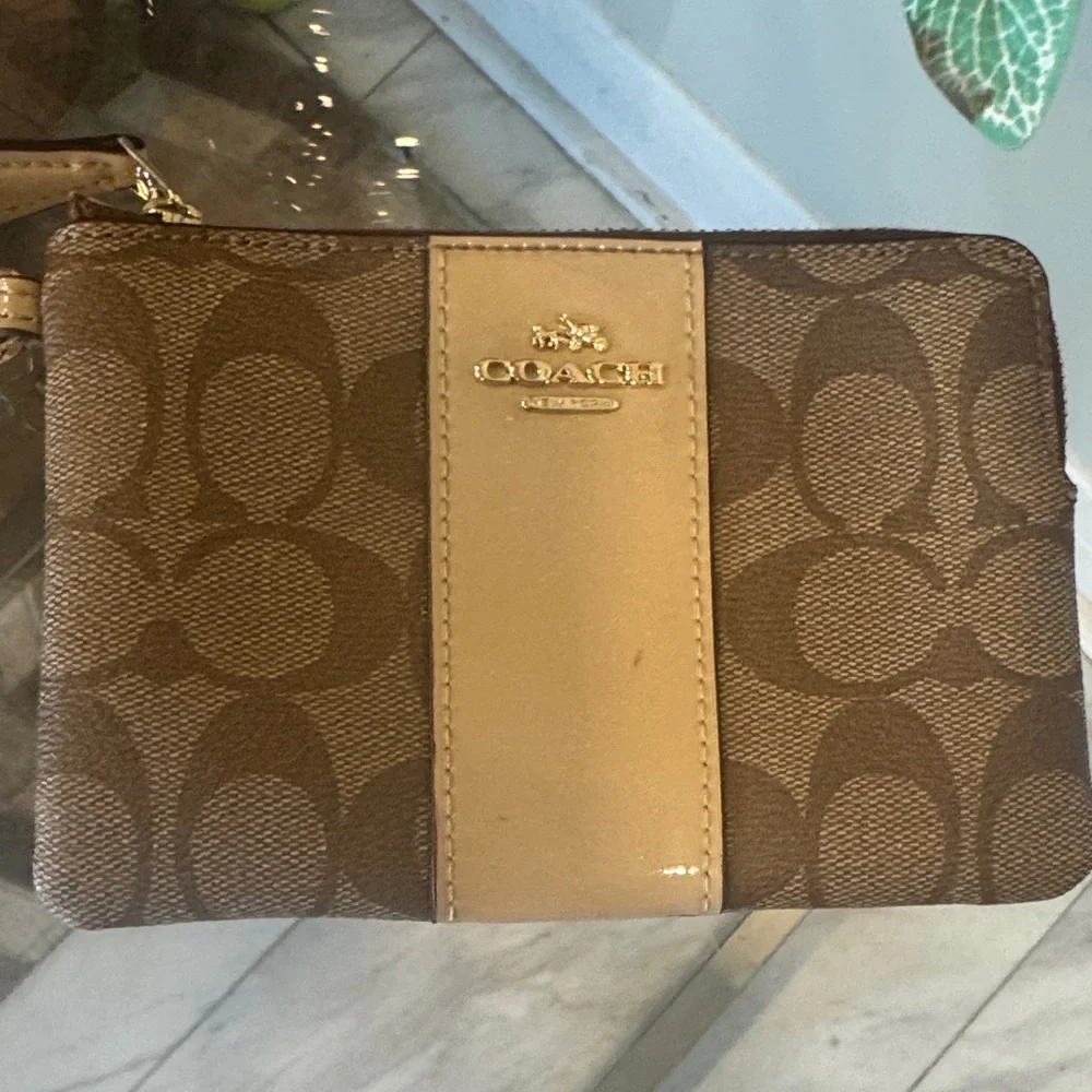 Coach Signature Brown and Tan Wristlet
